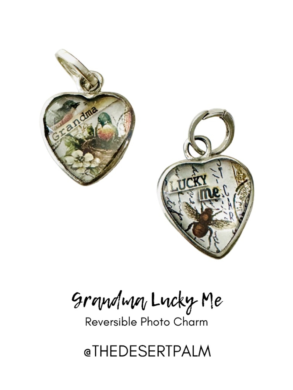 Grandma Lucky Me Reversible Heart Charm Silver Tone Pendant